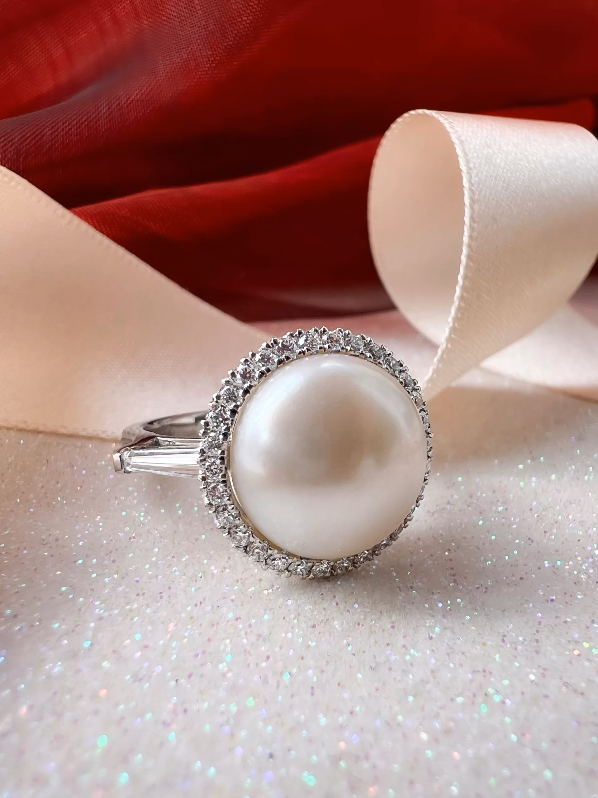Bespoke Pearl and Diamond Halo Dress Ring with ribbons